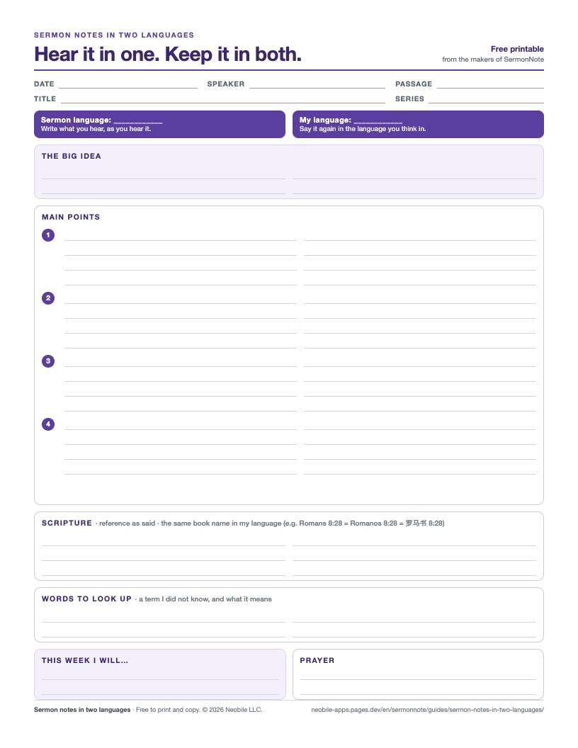 Preview of the two-language sermon notes sheet with sermon-language and my-language columns for the big idea, four main points, Scripture, words to look up, application and prayer
