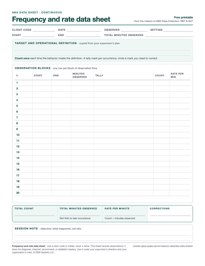 Preview of the frequency and rate data sheet: a table of 20 observation blocks with start, end, minutes observed, tally, count and rate columns
