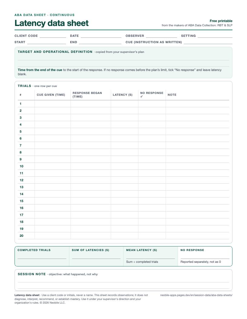 Preview of the latency data sheet: 20 trials with cue time, response time, latency in seconds, a no-response tick box and notes