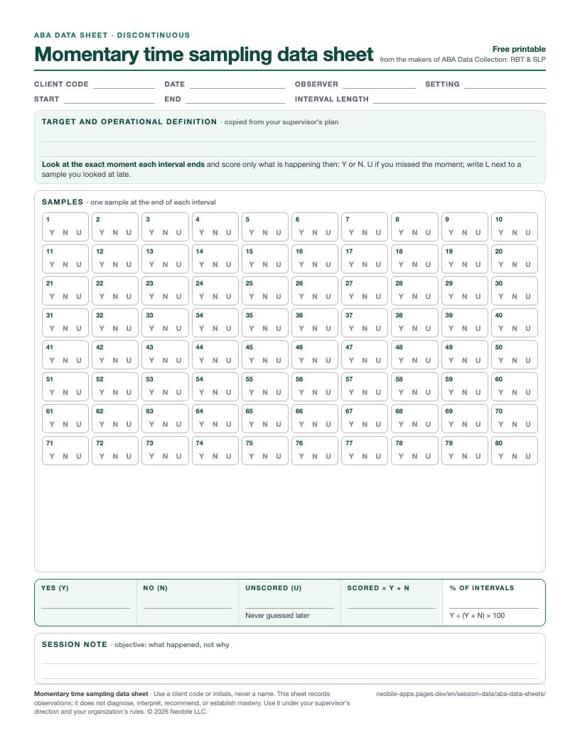 Preview of the momentary time sampling data sheet: 80 numbered sample boxes with Y, N and U to circle