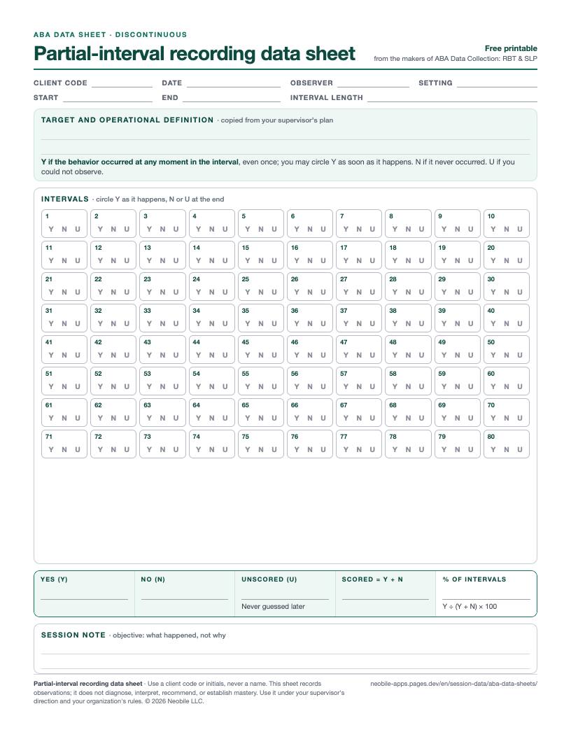 Preview of the partial-interval recording data sheet: 80 numbered interval boxes with Y, N and U to circle