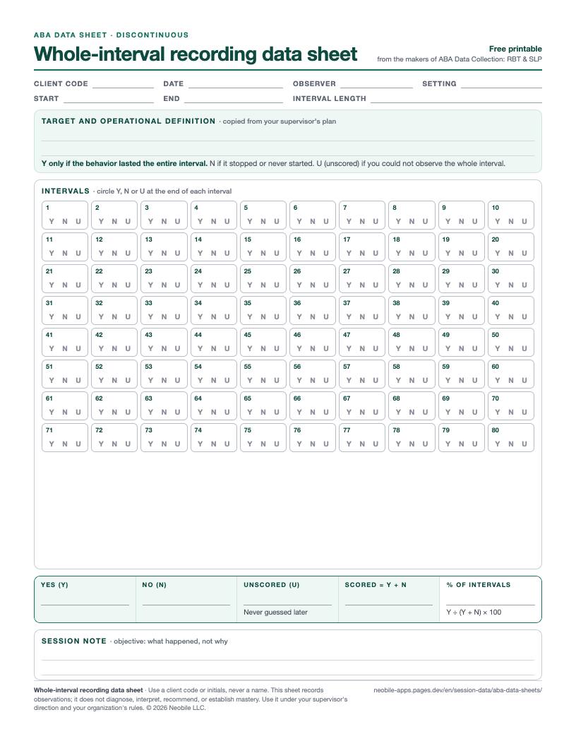 Preview of the whole-interval recording data sheet: 80 numbered interval boxes with Y, N and U to circle