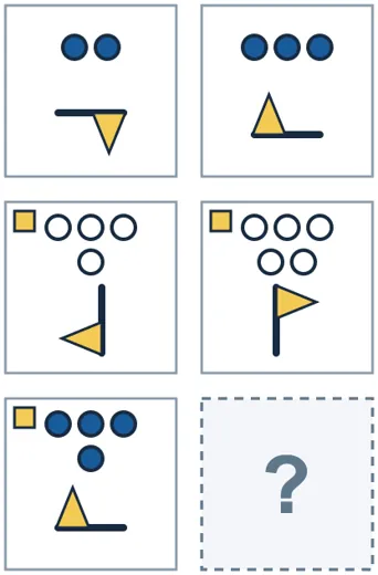 Three rows of two pictures; the last picture is missing. 2 solid circles; flag points right; 3 solid circles; flag points left; 4 outline circles; flag points down; mark in the top-left corner; 5 outline circles; flag points up; mark in the top-left corner; 4 solid circles; flag points left; mark in the top-left corner