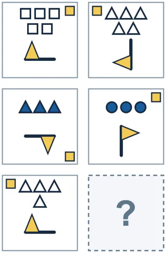 Three rows of two pictures; the last picture is missing. 5 outline squares; flag points left; mark in the top-right corner; 5 outline triangles; flag points down; mark in the top-left corner; 3 solid triangles; flag points right; mark in the bottom-right corner; 3 solid circles; flag points up; mark in the top-right corner; 4 outline triangles; flag points left; mark in the top-left corner